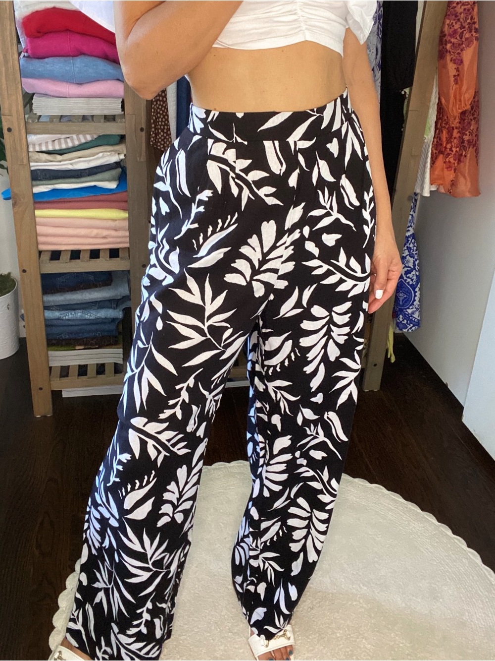 ELLEN TRACY High-Waist Wide Leg Linen Blend Pants in Black & White Leafscape! 🖤